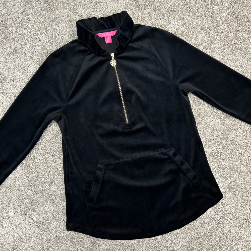 Lilly Pulitzer Velour Skipper Ruffle Pullover Popover Women XS Black 1/4 Zip